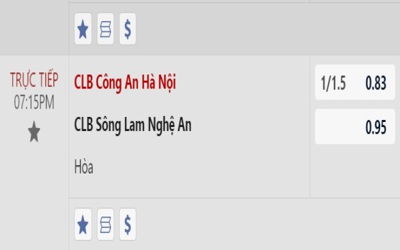 Kèo 1-1.5 trong trận đấu giữa Công An Hà Nội vs Sông Lam Nghệ An